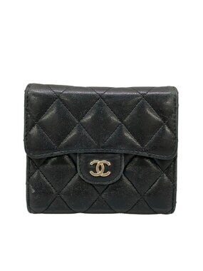 Chanel Trifold Wallet Quilted Black Silver Lambskin